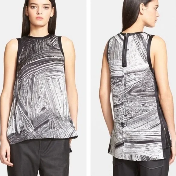 Helmut Lang Method Print Abstract Silk Satin Sleeveless Side Zipper Blouse Small - Picture 2 of 13